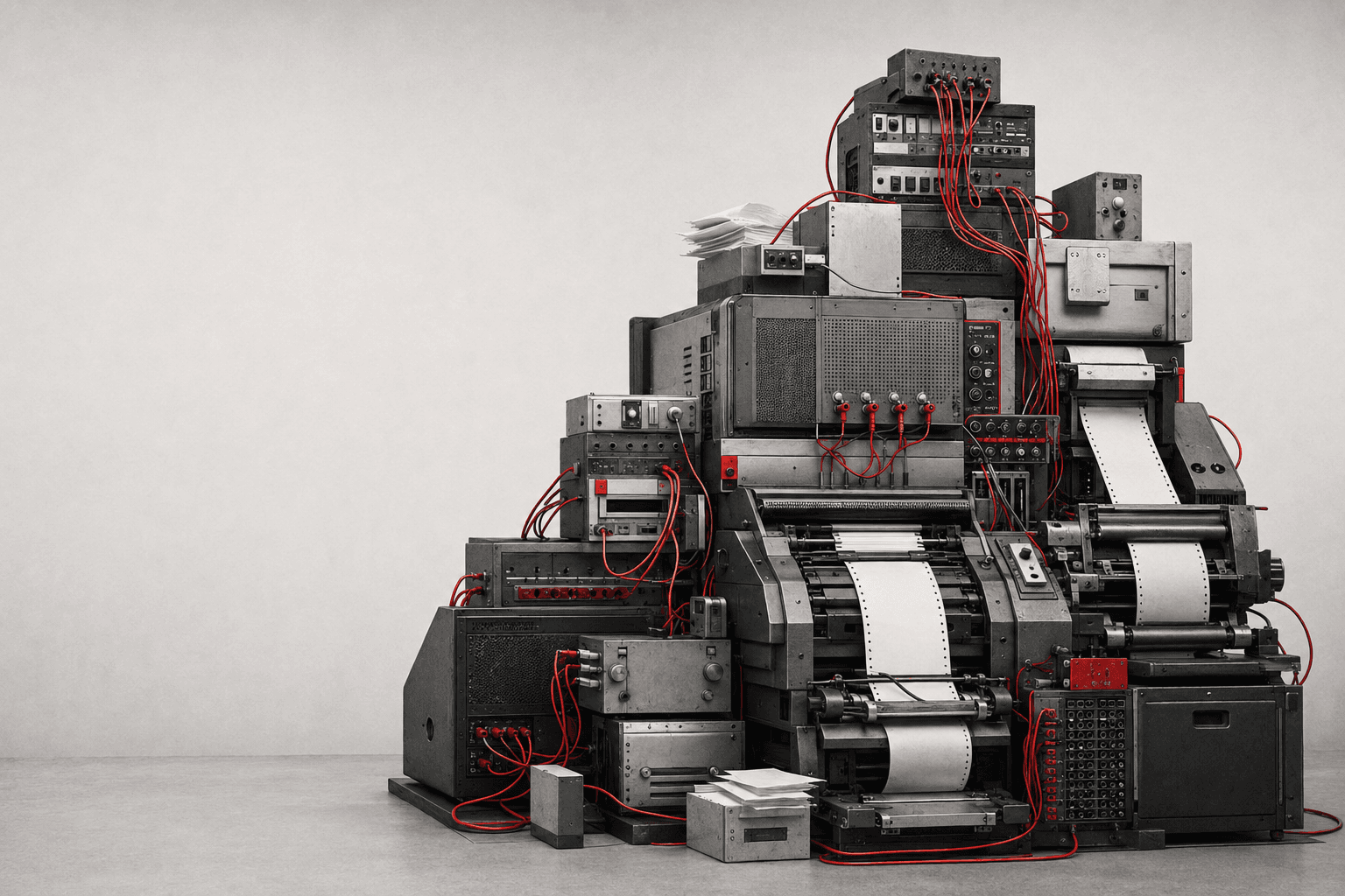 Overloaded legacy publishing machine representing technical debt in a traditional CMS.