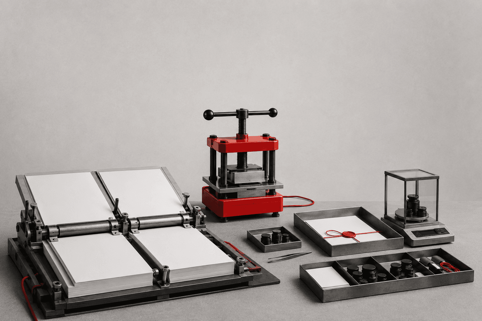 Mechanical evidence ledger with sealing press and measurement weights representing verified case-study results.