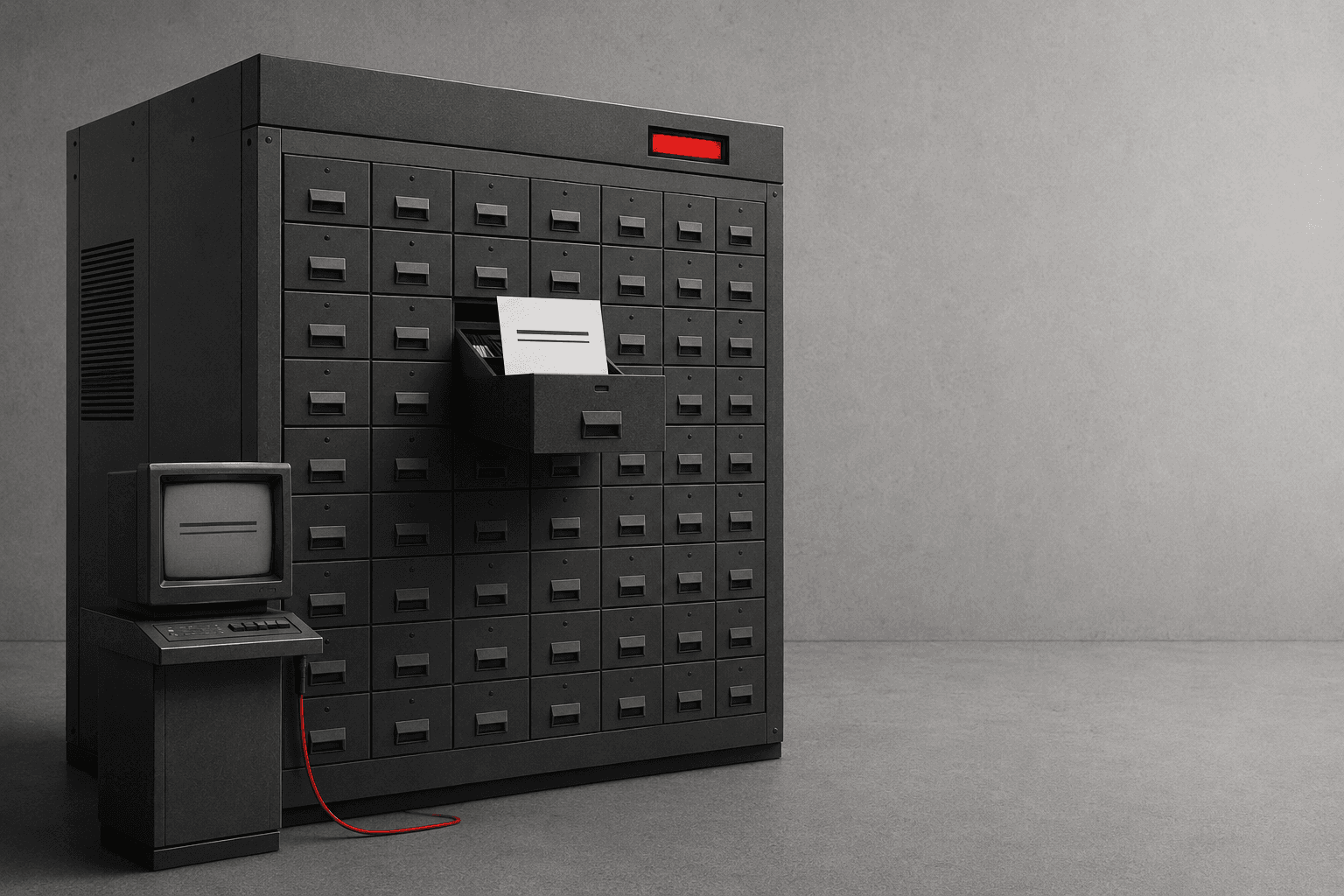 A card-catalogue index feeding a central retrieval mechanism, representing sources being selected for an answer.