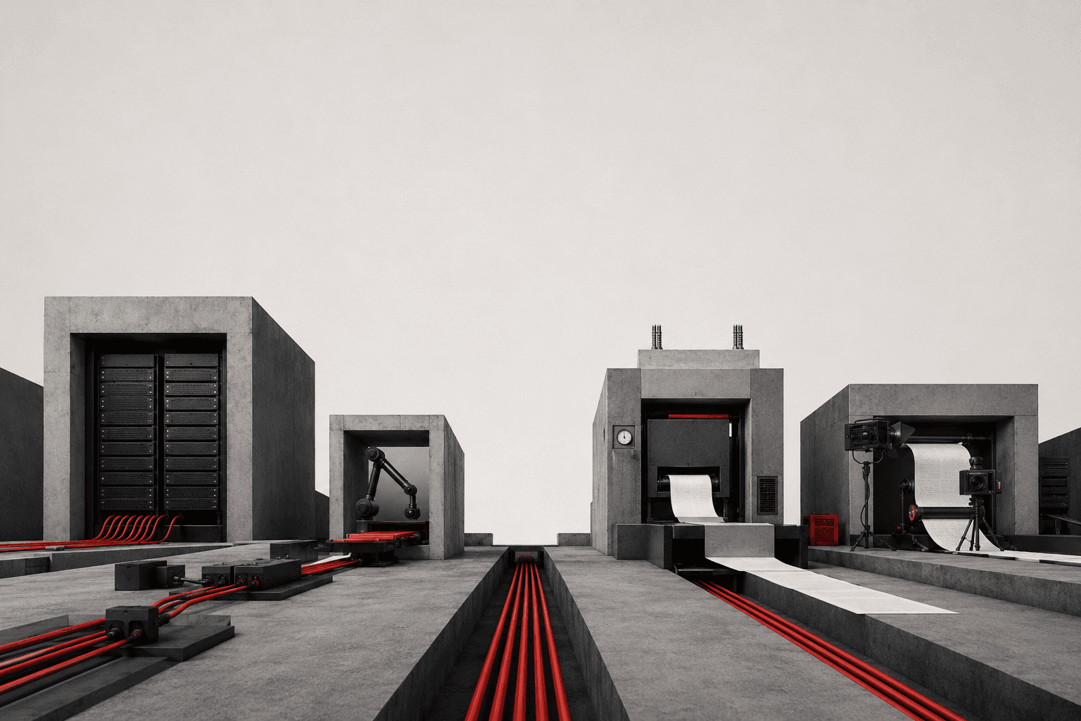Brutalist service landscape connecting infrastructure, automation, measurement and content systems.