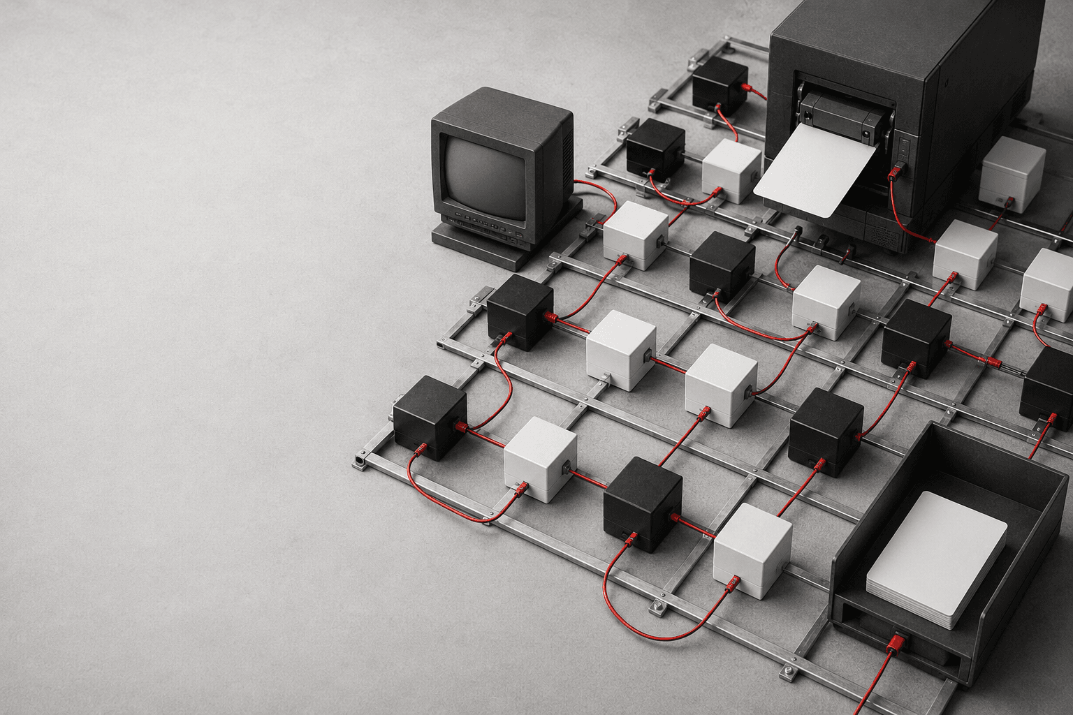 Grid of connected modules representing structured data and semantic relationships.