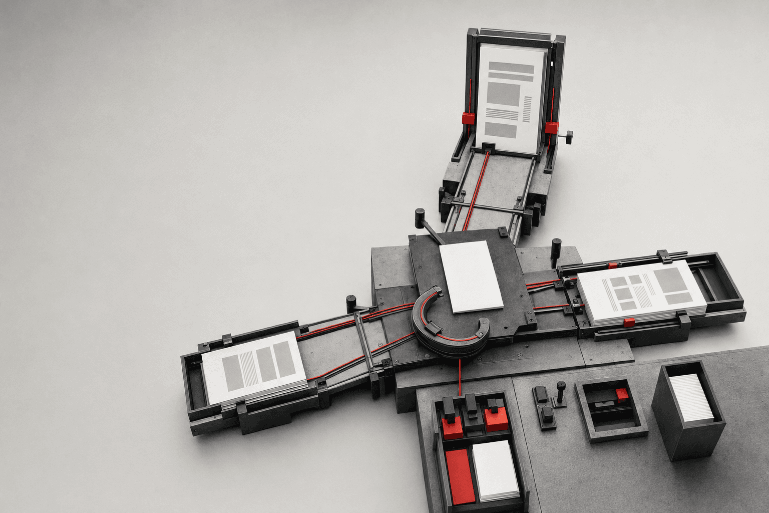 Mechanical localization desk routing one source folio into multiple adapted page layouts and reading directions.