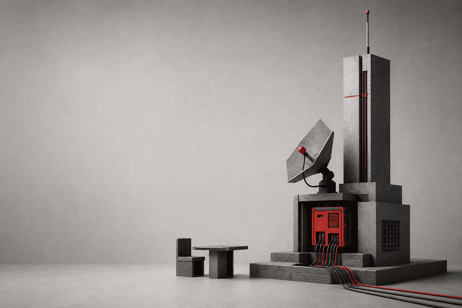 Brutalist regional communications beacon beside a consultation table, representing a clear contact point.