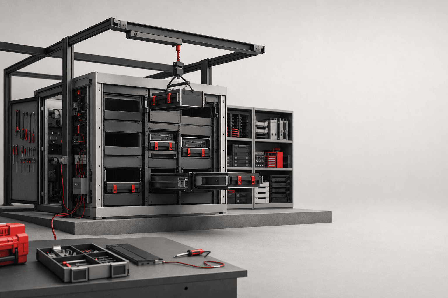 Modular CMS core inside an accessible maintenance bay with replaceable content cartridges.