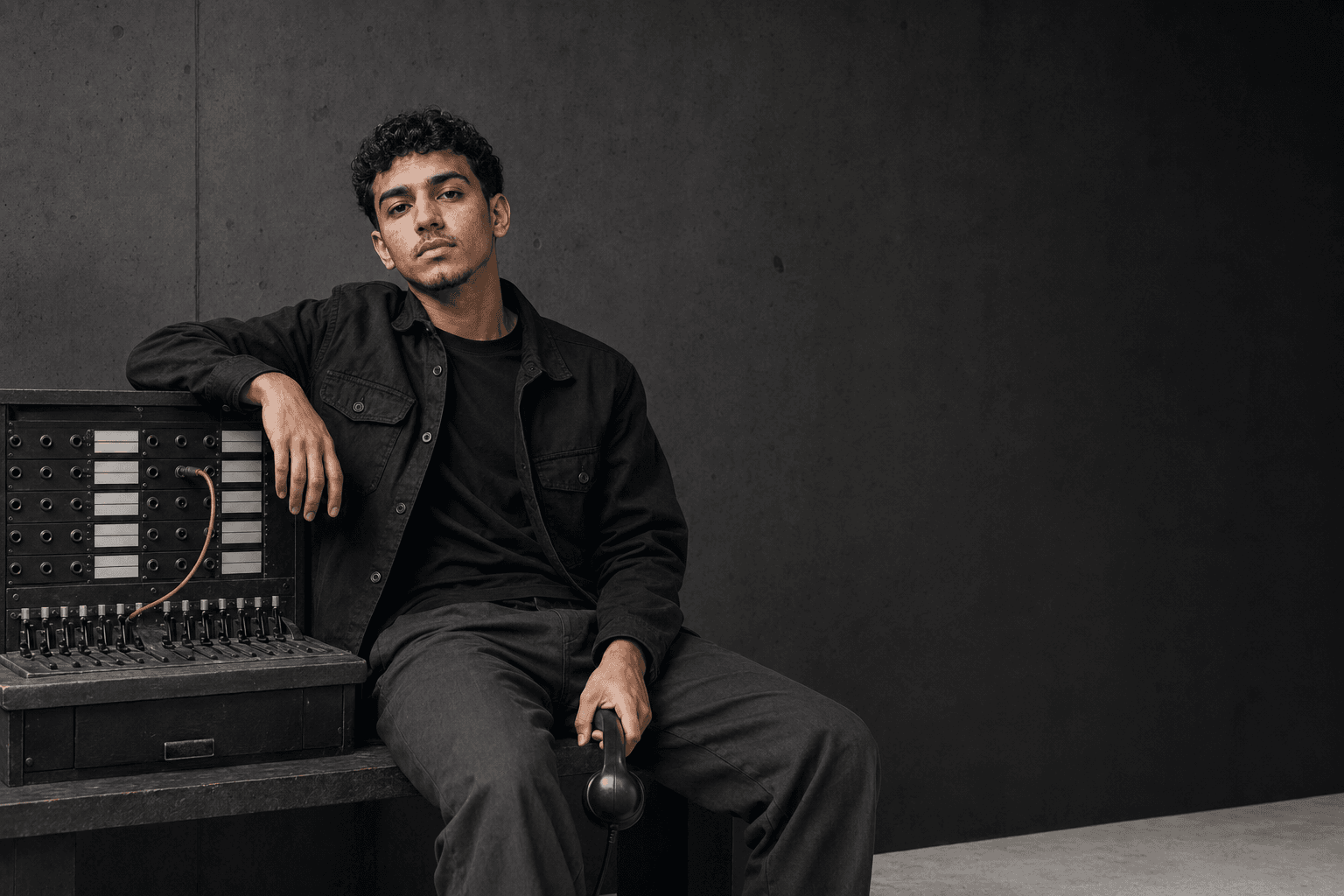 Young CRM operator beside a physical contact-card switchboard and black communication handset.