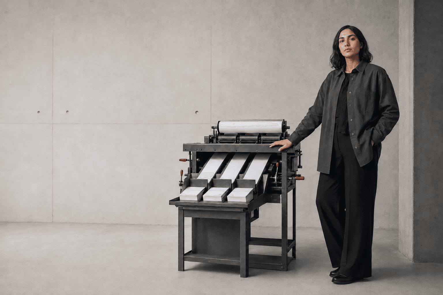 Young multilingual content producer in a black hijab beside a three-route analog localization system.