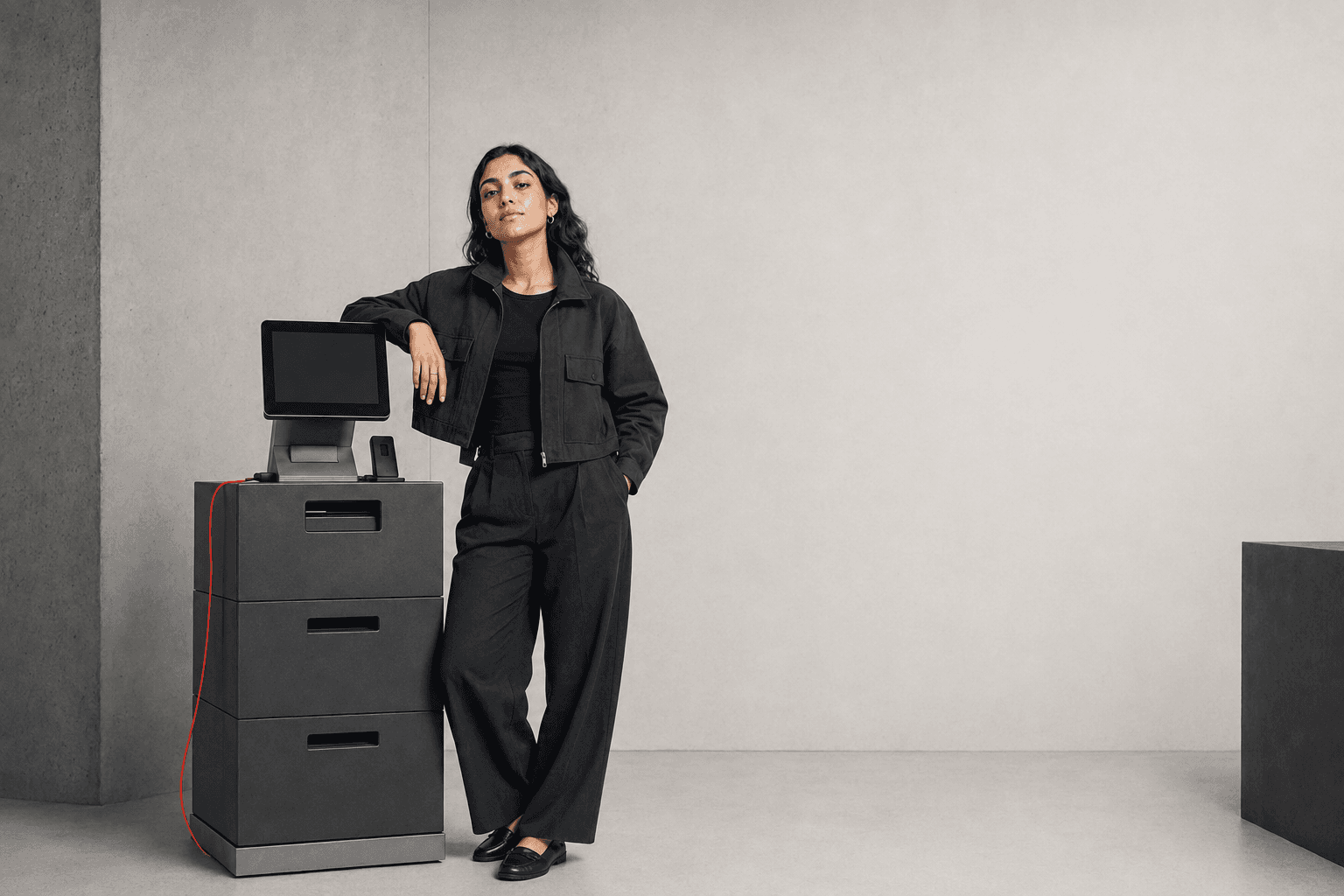 Young North African founder beside a compact modular digital operations cabinet.