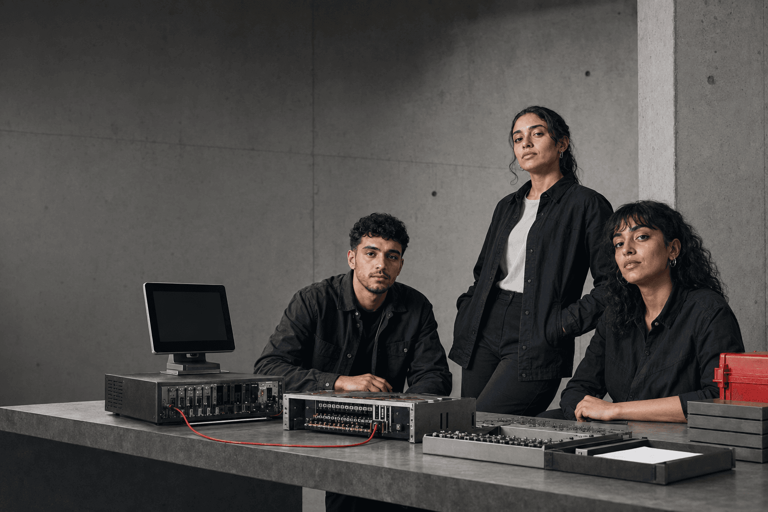 Three young professionals collaborating around a connected analog systems table.