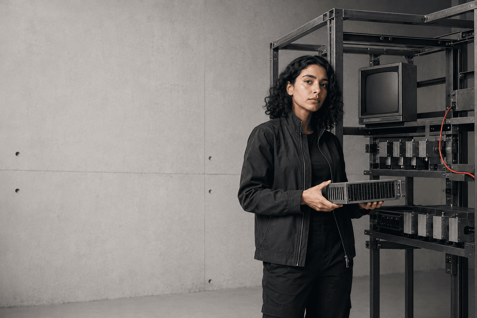 Web systems architect beside open modular infrastructure with a clear copy field.
