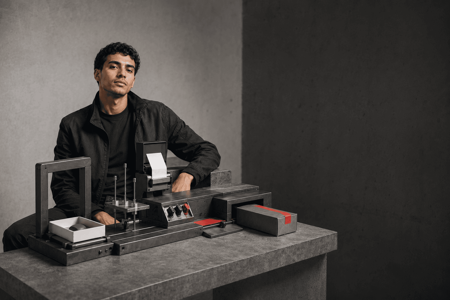 Ecommerce growth operator beside a physical optimization and order-routing bench.