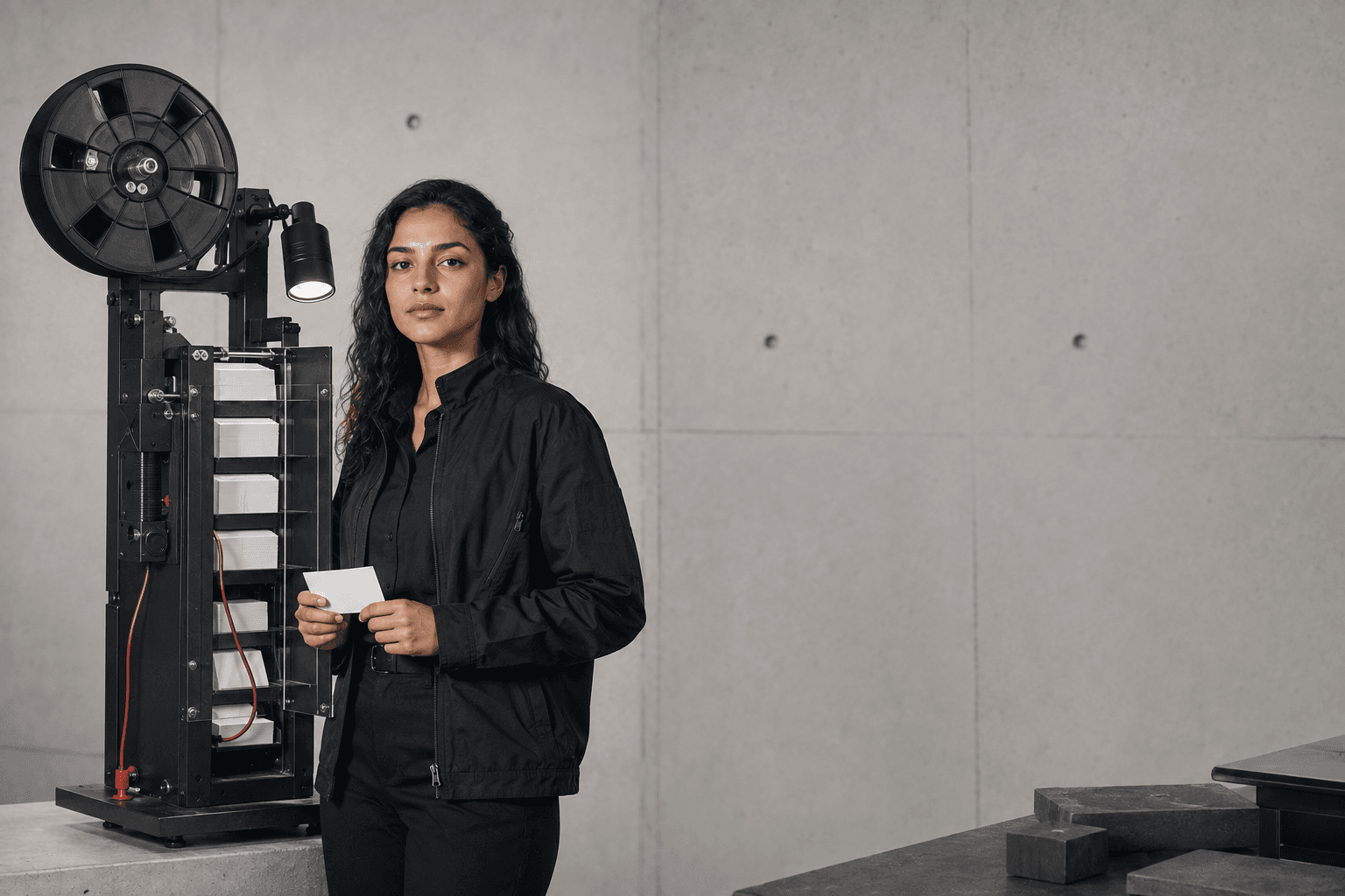 Search indexing specialist beside a vertical physical indexing scanner.