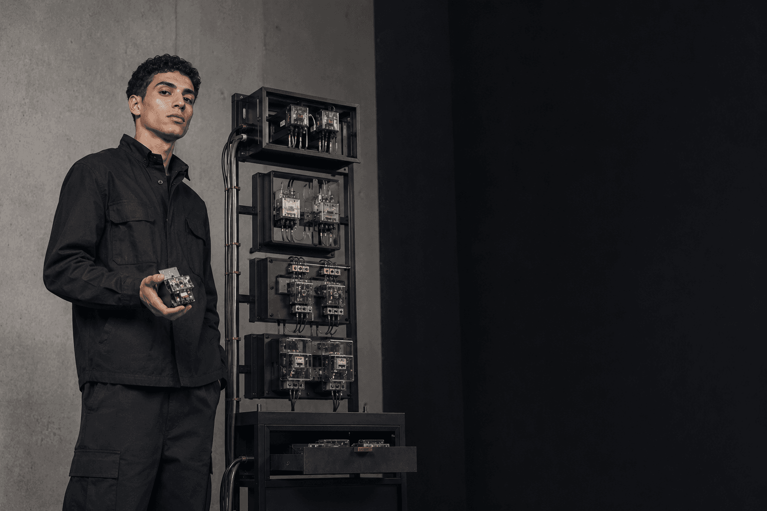 Automation workflow designer holding a relay beside a physical workflow architecture.