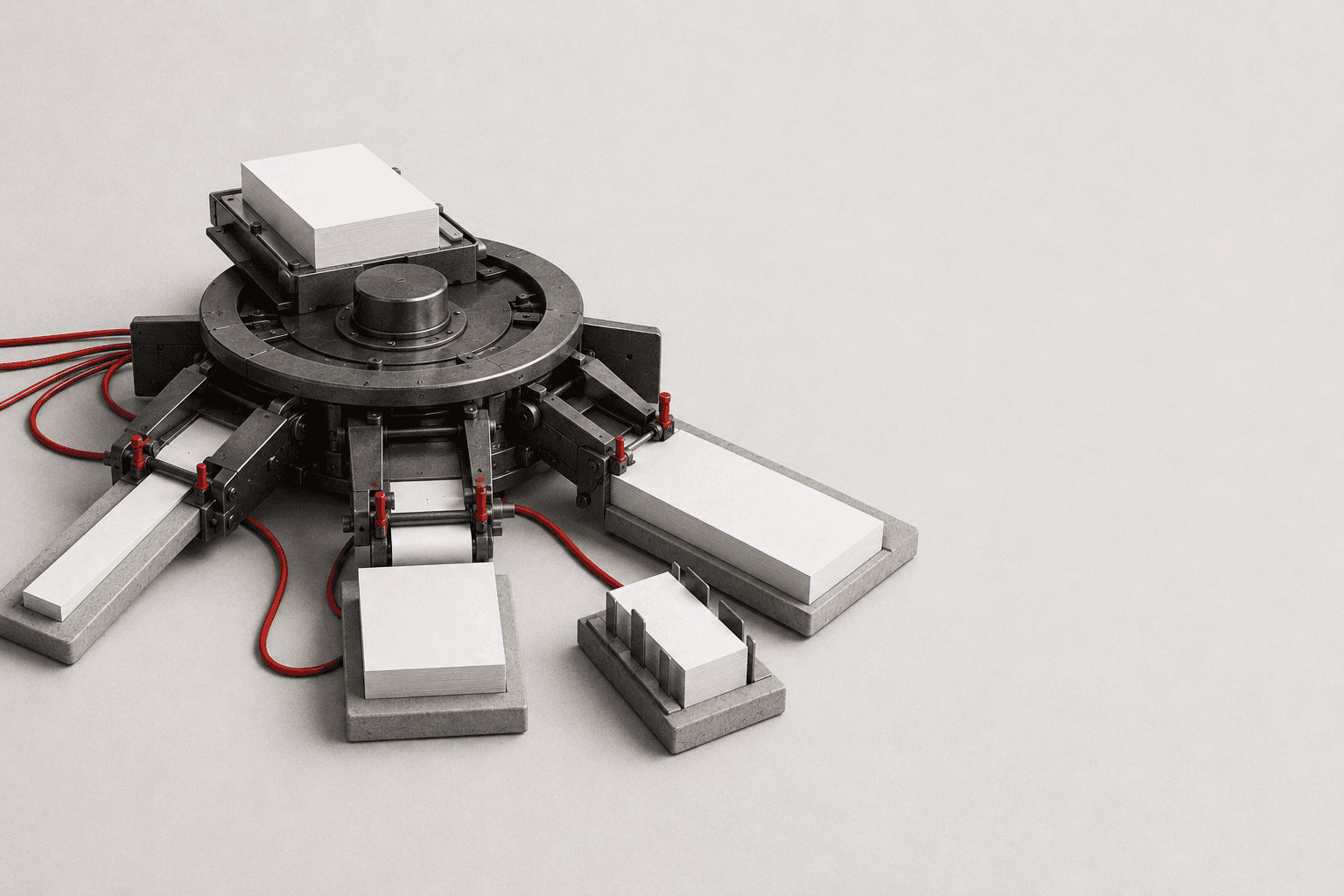 Central distribution press routing one controlled source into multiple system outputs.