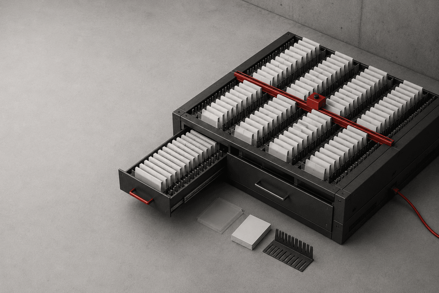 Physical product-catalog index with a red location rail representing traceable commerce data.