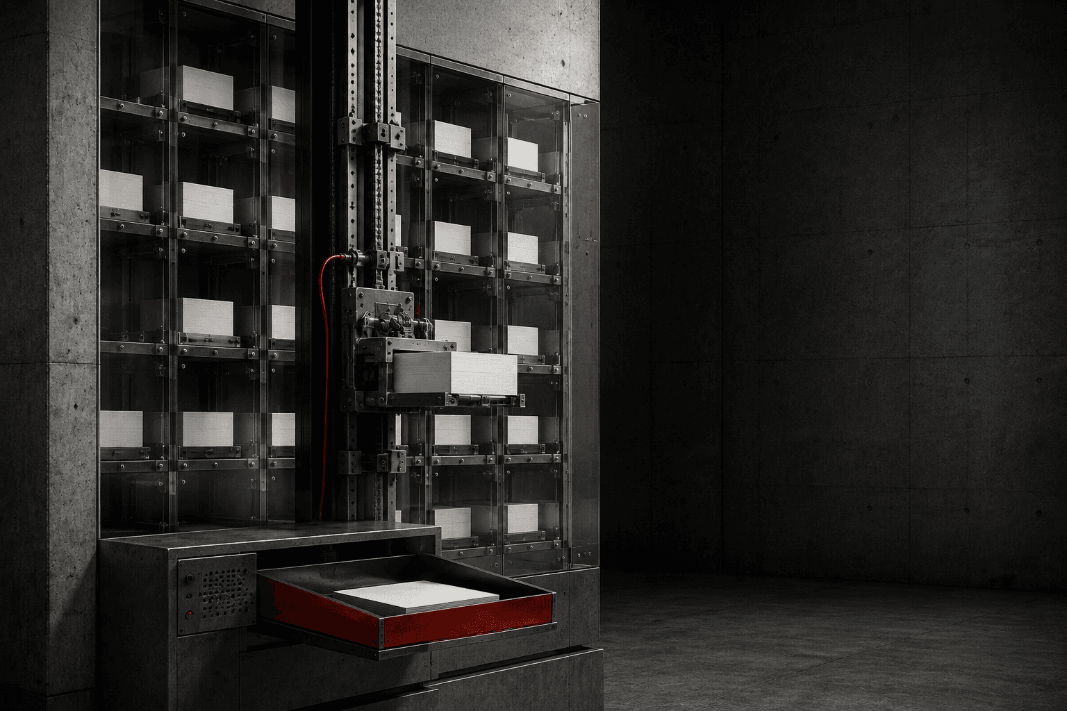 A dark automated archive retrieving a stored record, representing answers being pulled from verified sources.