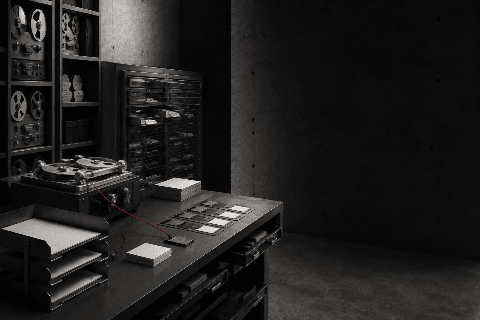 Physical research archive connecting source tapes, blank reference cards and a red selection route.