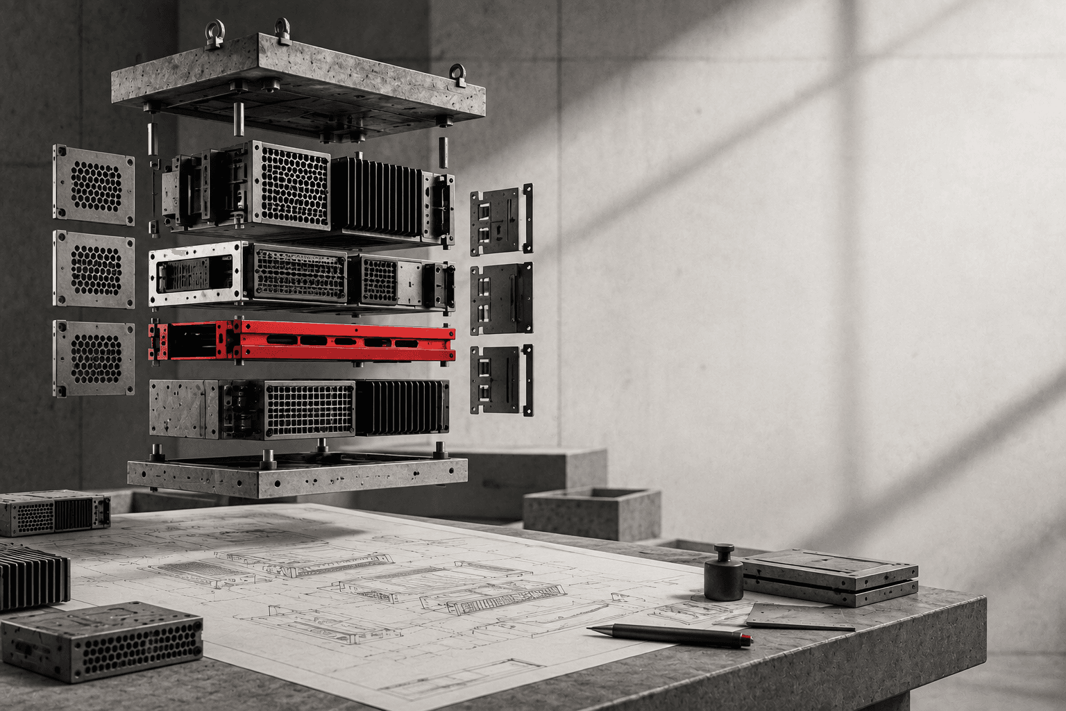 Modules techniques assemblés au-dessus d’un plan d’architecture, prêts à être construits