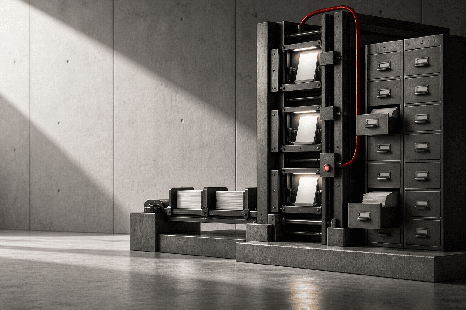 Postes d'inspection illuminés alimentant une armoire d'archives éditoriales