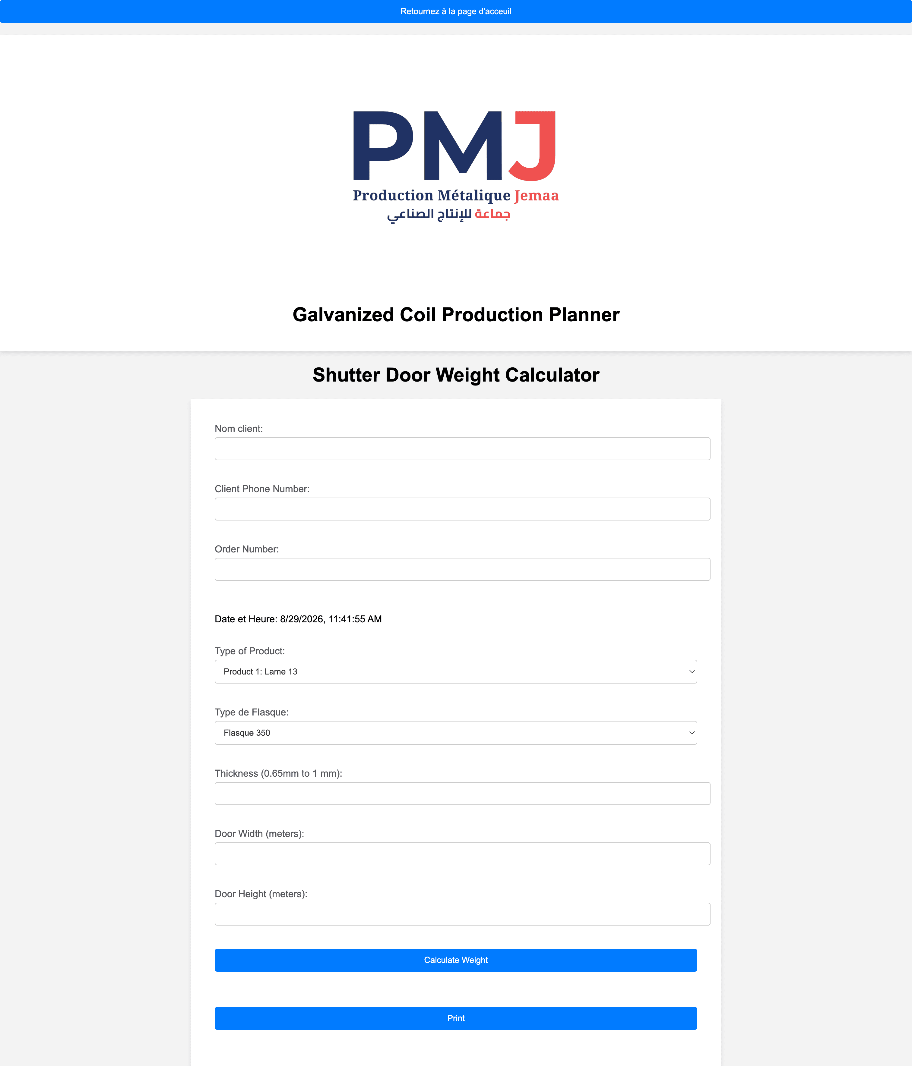 PMJ shutter-door weight calculator with product, flasque, thickness and dimension fields.