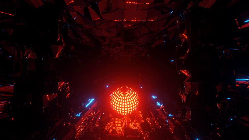 Abstract dark network of glowing red and blue technical nodes representing connected digital infrastructure.