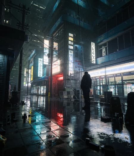 Rainy neon city street at night with glowing reflections and cyberpunk atmosphere
