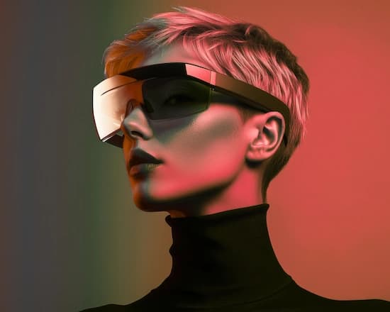 Futuristic portrait with reflective visor glasses and cyberpunk lighting