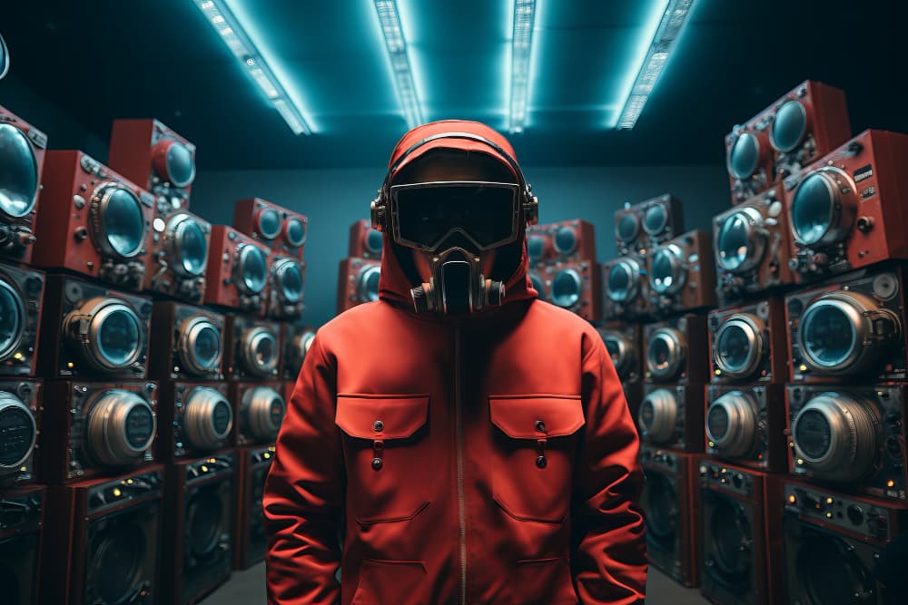 Black and white rock stage with guitarist silhouette under bright stage lights