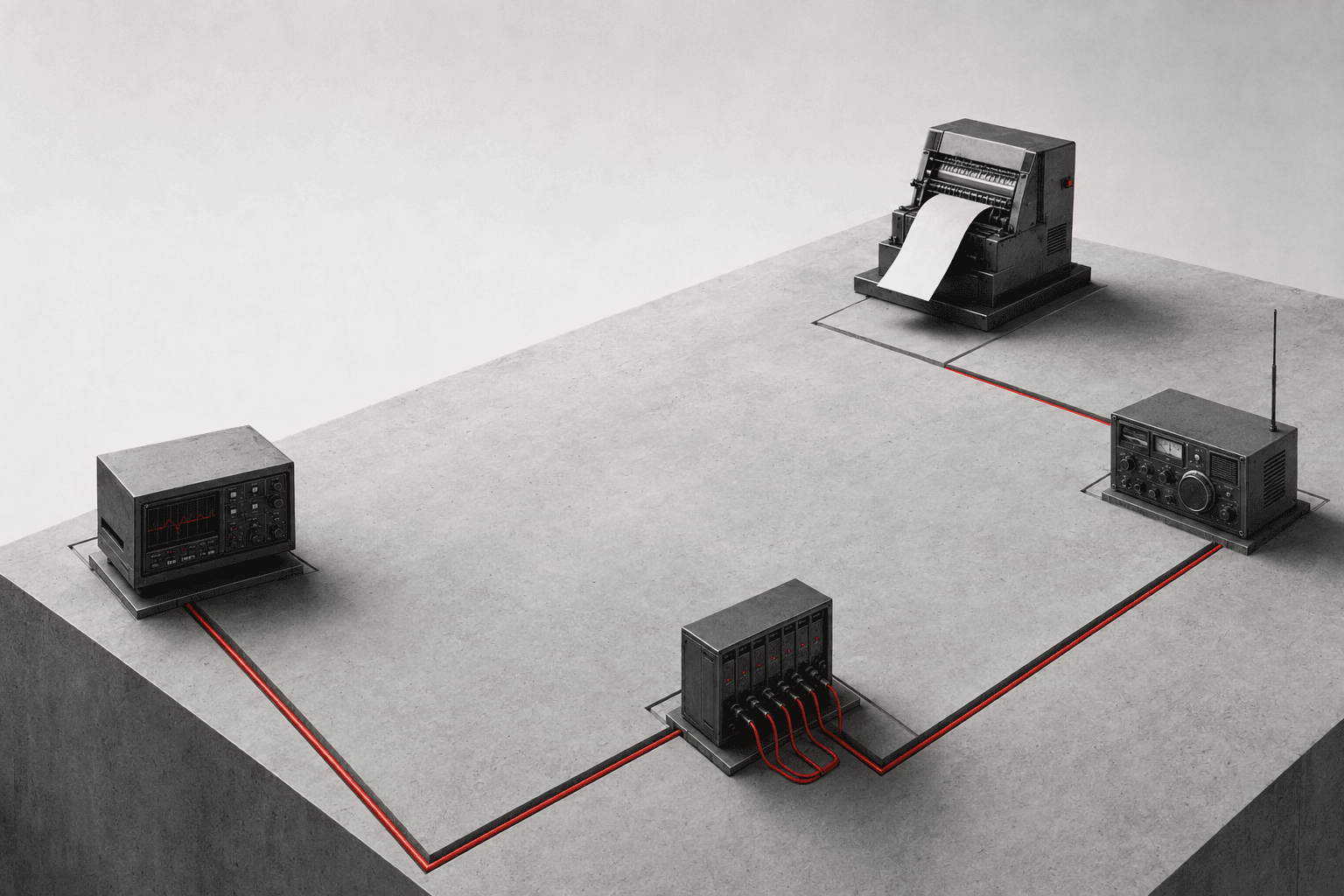Four specialized business machines connected by one continuous red circuit.