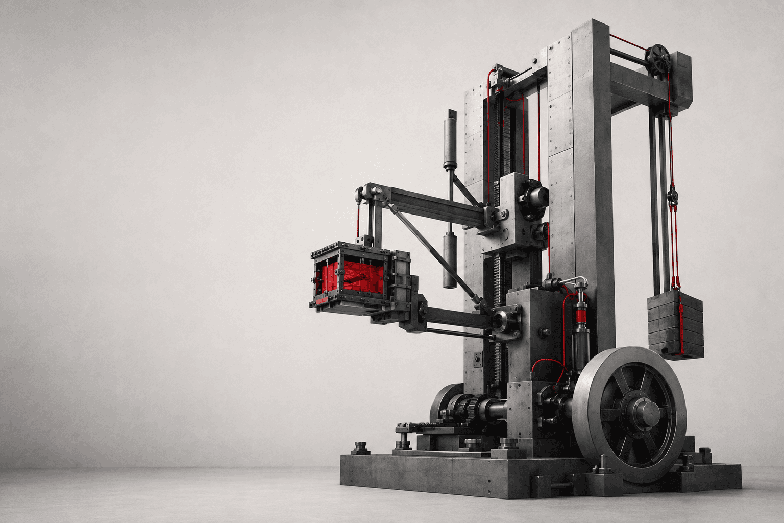 OJC Labs experimental machinery Large experimental machine with mechanical arms, counterweights and a red prototype chamber.