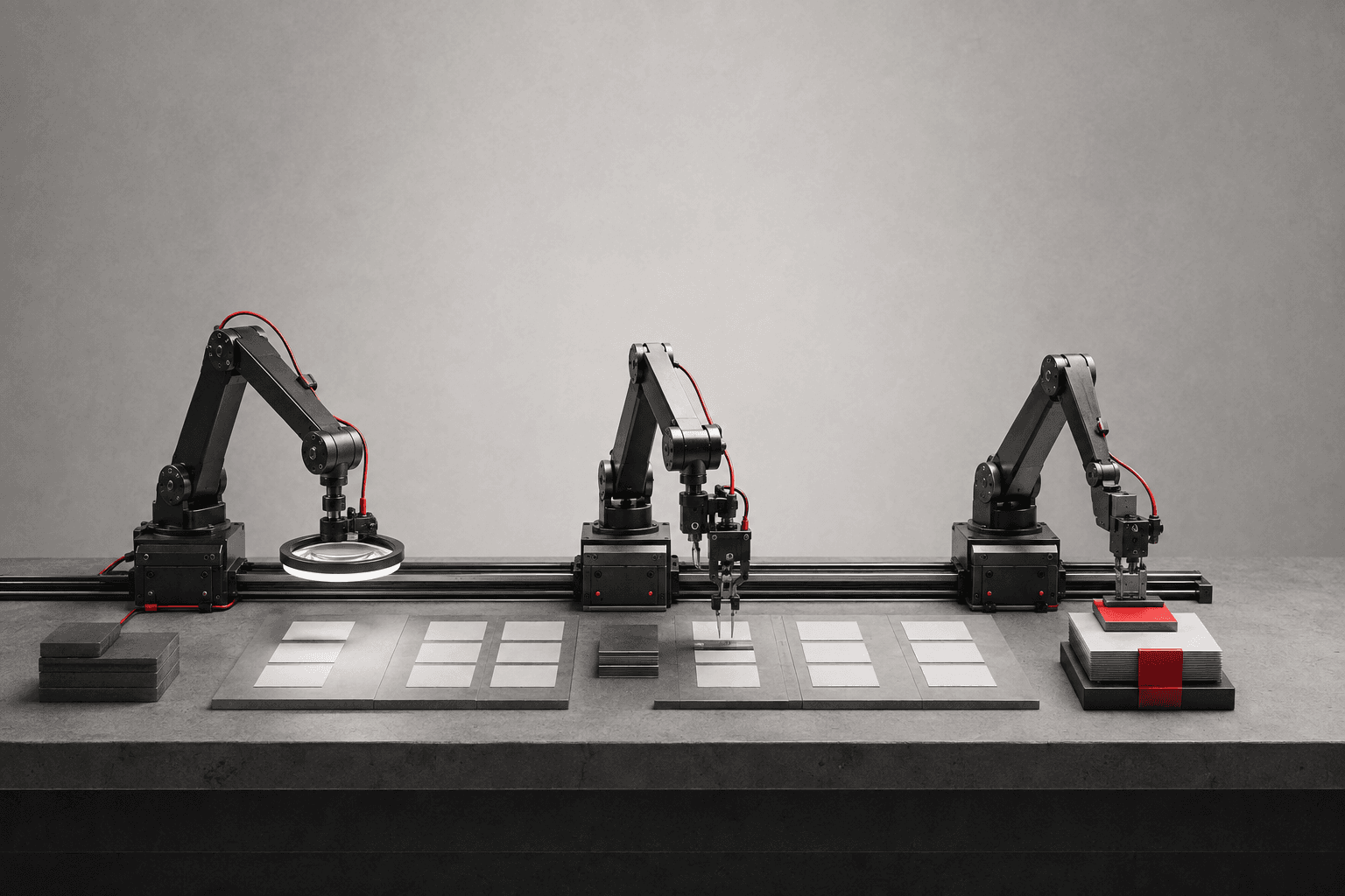 AI research coordination bench Three specialized robotic arms coordinating research, comparison and evidence assembly on one bench.