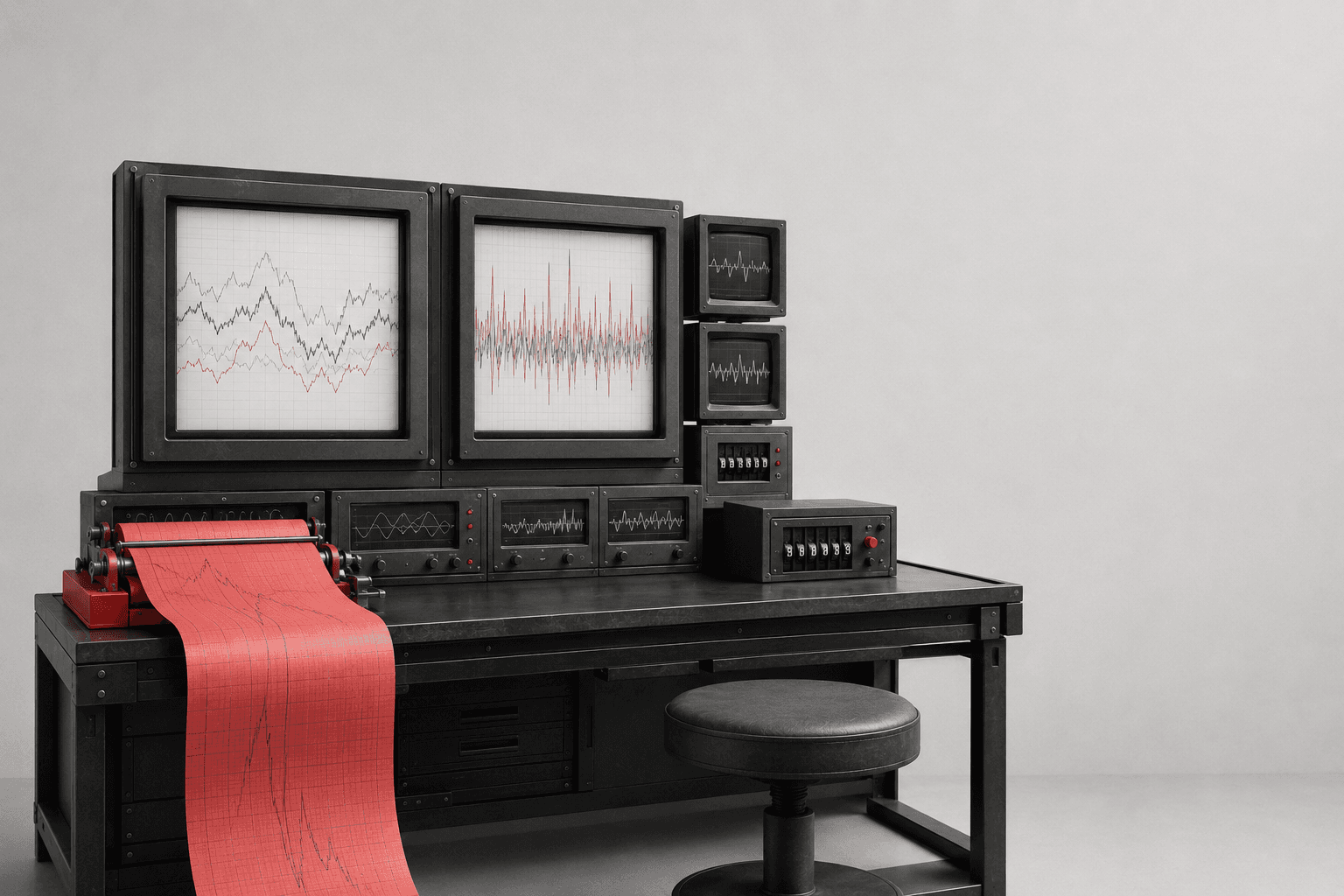 Data control room with monitors and a continuous red reporting feed.