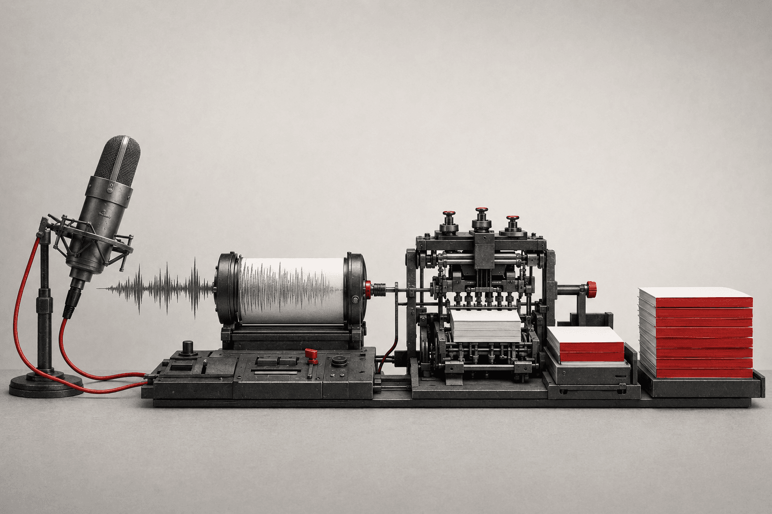 Voice-to-publishing machine Analog machine transforming a recorded voice waveform into assembled publication pages.