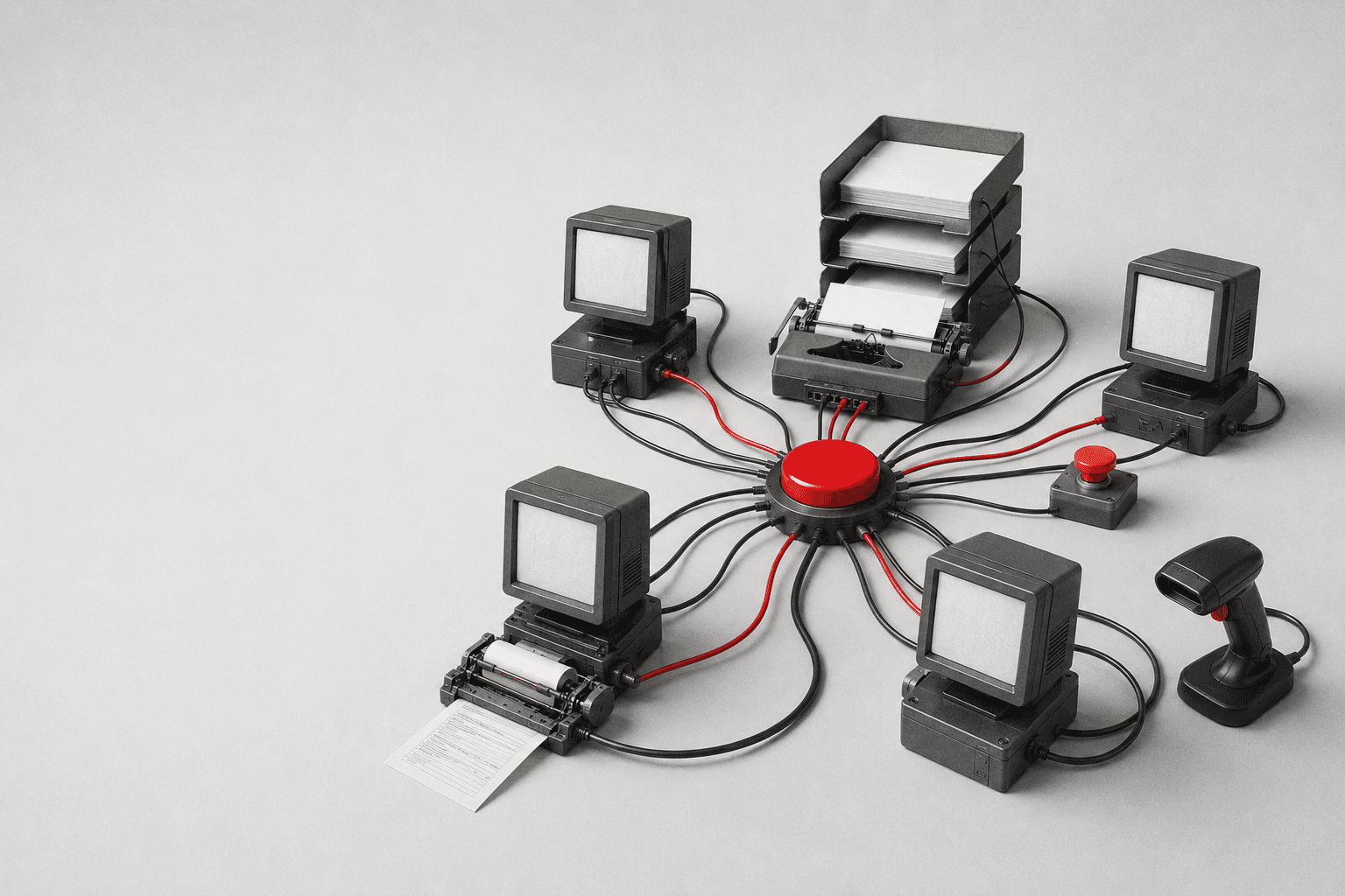 Six devices wired to one central controller, representing several specialists coordinated by one manager.