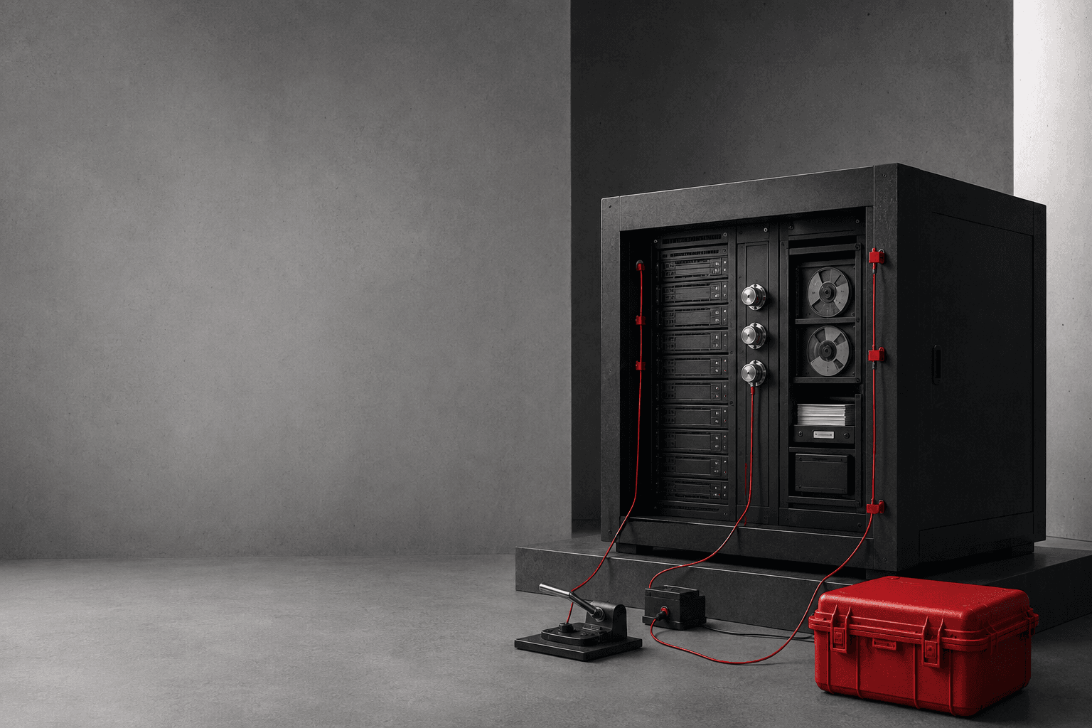 Server protected inside a vault with monitoring and recovery equipment.