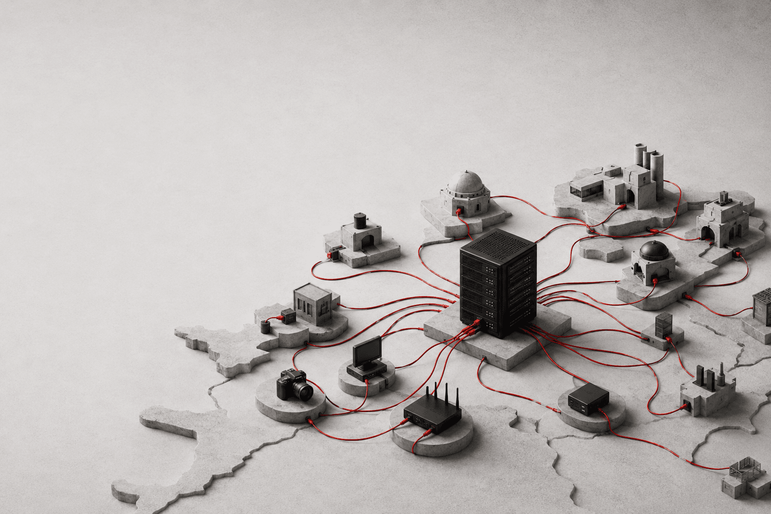 Central server connected to locations across a stylized map of North Africa.