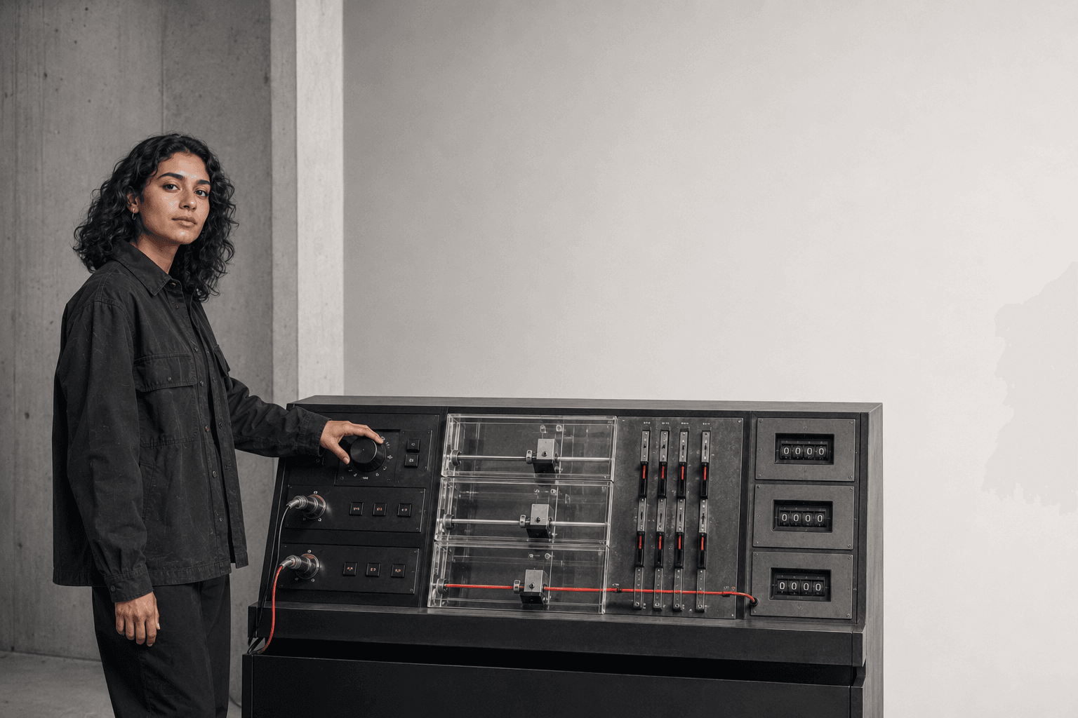 Ads measurement operator beside a physical attribution console with glass verification chambers.