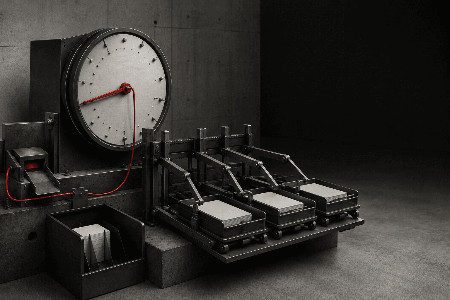 Chariots de commandes progressant sur un rail, rythmés par une horloge mécanique