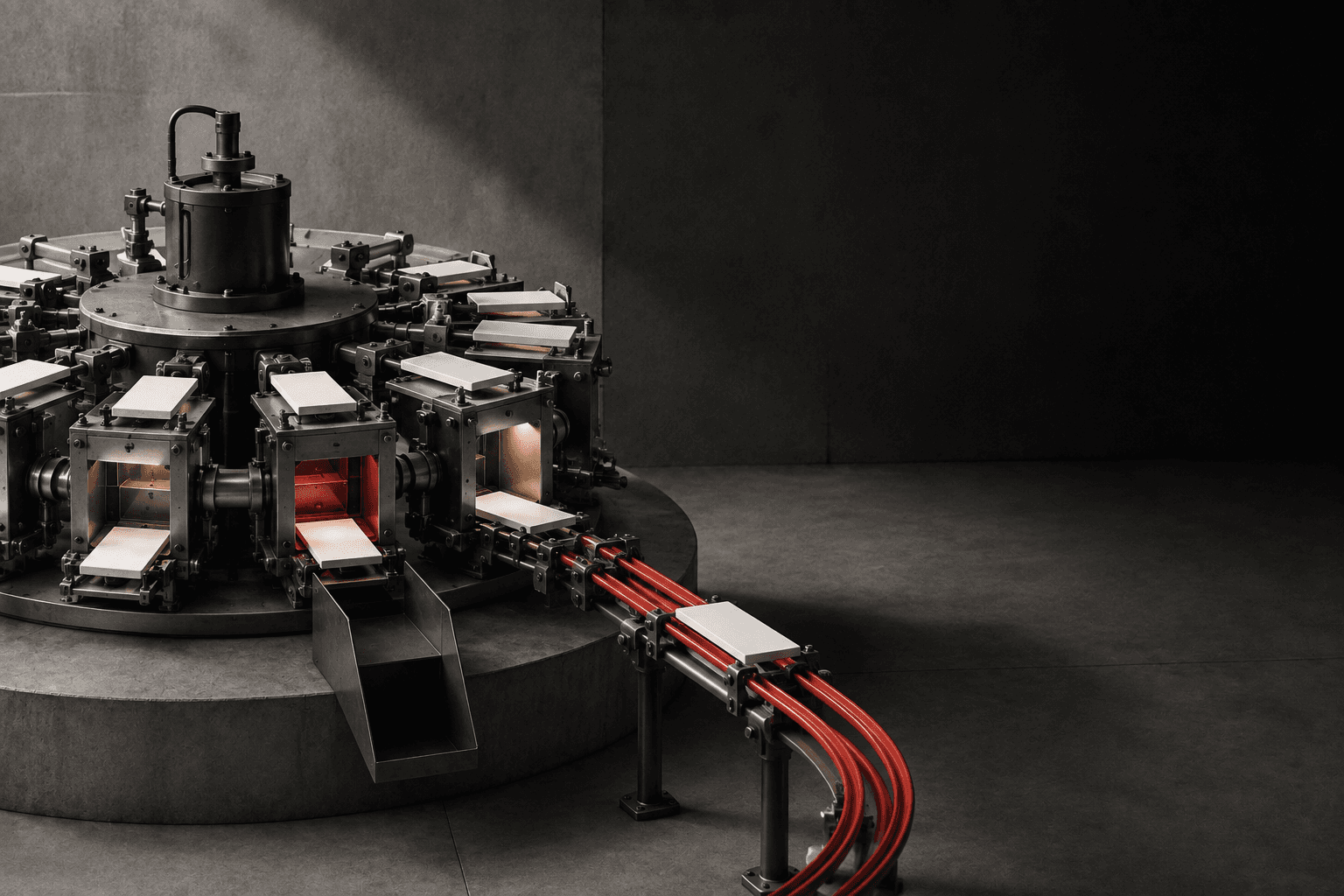 A rotating carousel of heated test chambers, representing creative variants being tested in parallel.