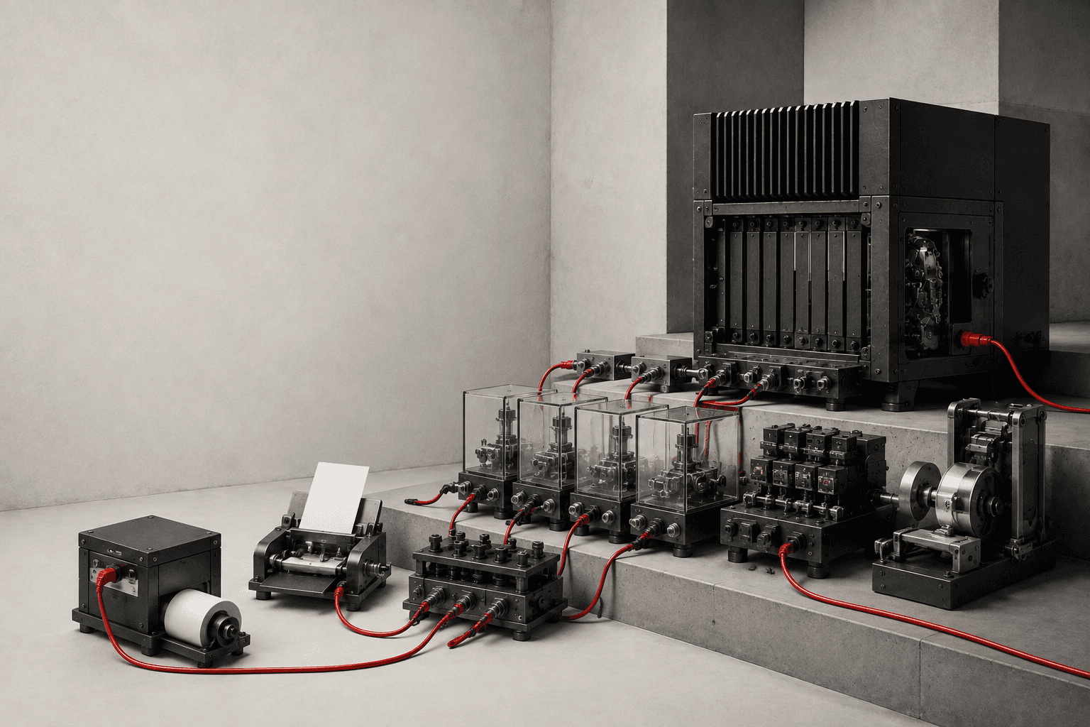 Physical event sources passing through validation gates before reaching a controlled server core.