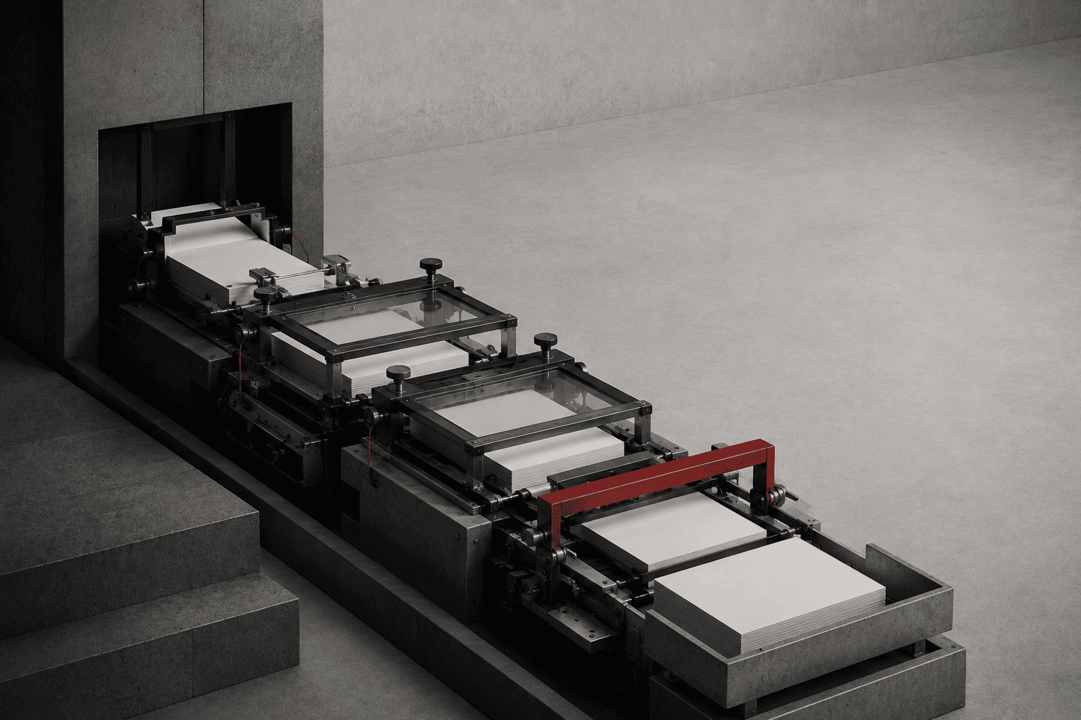 Chaîne d’impression assemblant des documents, symbolisant une information structurée et validée
