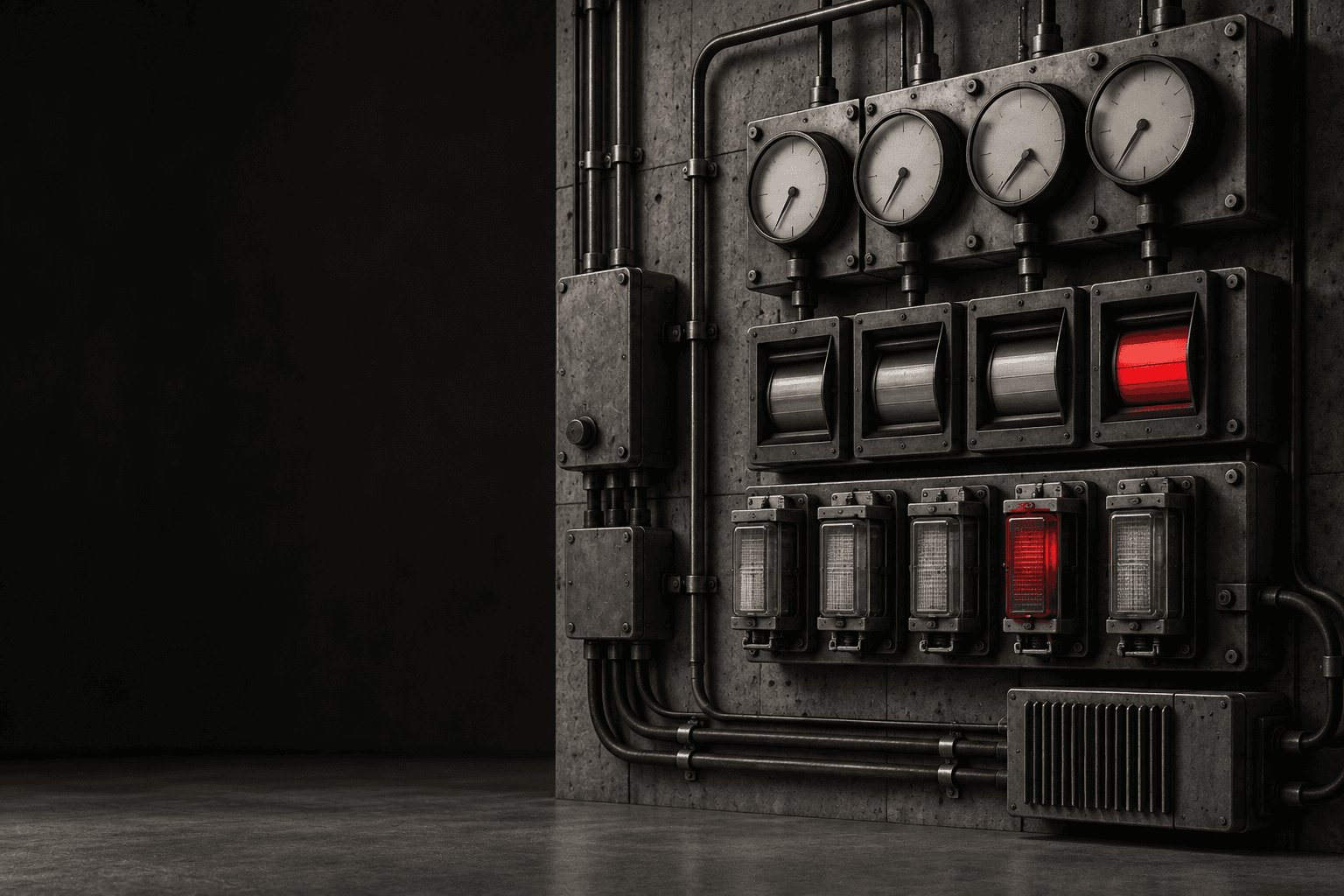 An industrial automation monitoring wall with visible status controls.