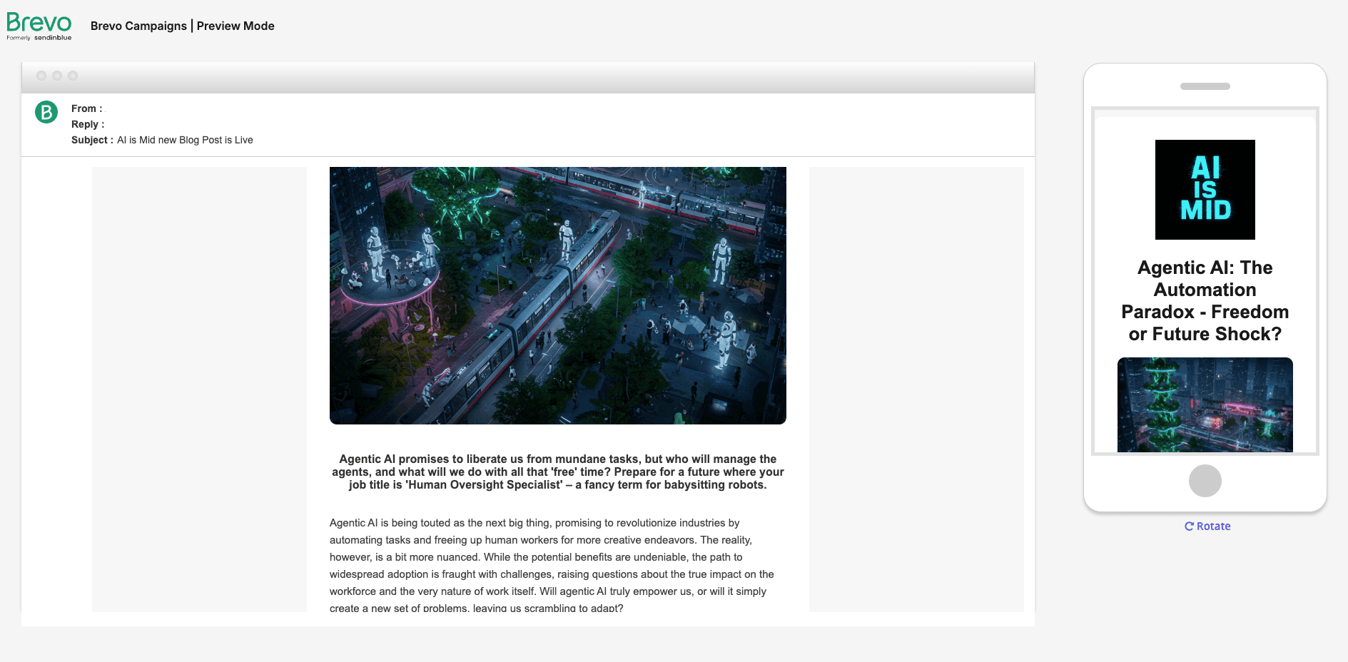 Brevo email campaign workflow connected to the AI is Mid publishing operation.