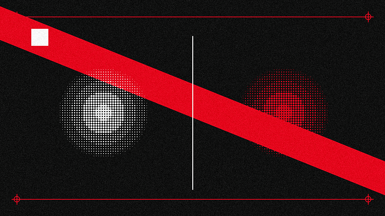 Abstract Swiss-Constructivist illustration with two halftone-screened circles split by a vertical divider line and a diagonal red bar on a black background, representing a comparison between headless CMS and WordPress architecture
