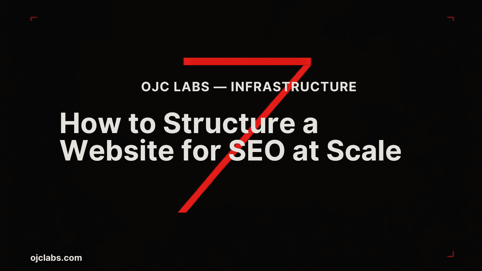 Bold black editorial blog header with white headline "How to Structure a Website for SEO at Scale", red diagonal graphic element, and OJC Labs Infrastructure pillar label
