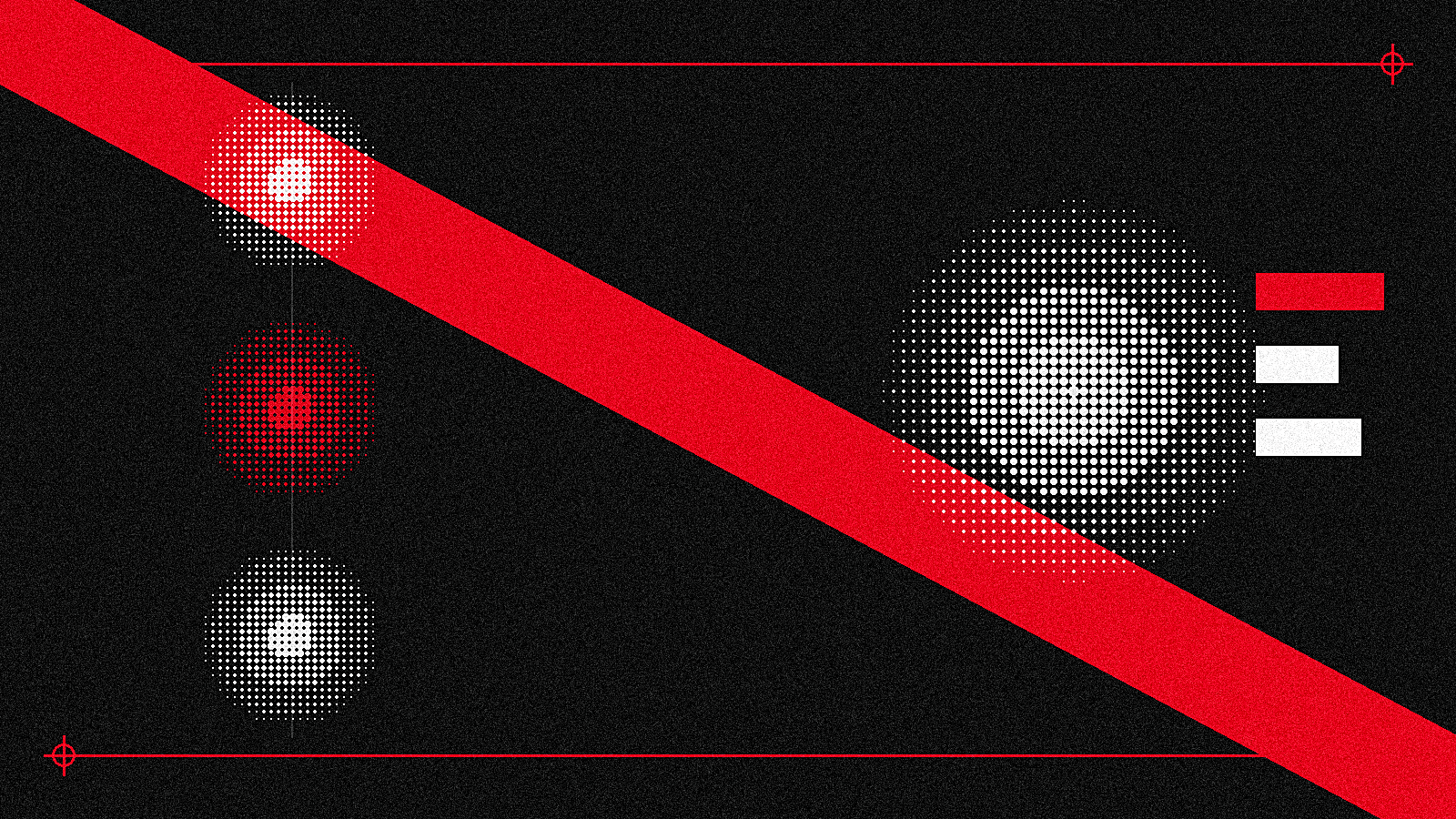 Abstract Constructivist illustration with three vertically stacked halftone circles connected by a faint line on the left and a large halftone circle on the right, against a black background with a steep diagonal red bar, representing sequential steps in building an AI automation system
