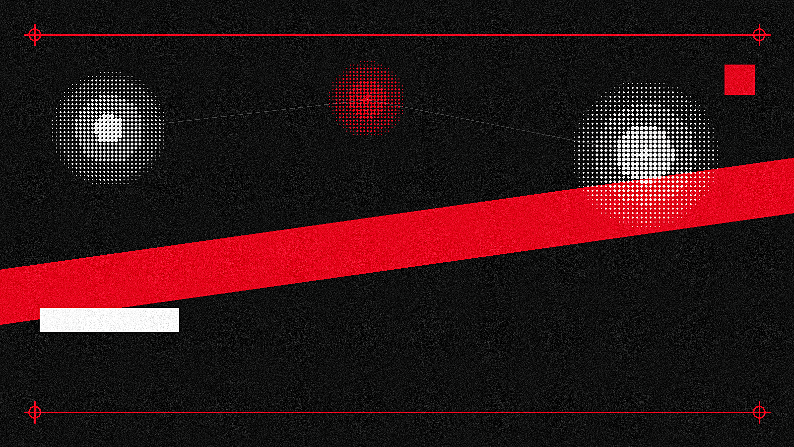 Abstract Constructivist illustration with three halftone-screened circles in a loose arc connected by faint lines on a black background with a diagonal red bar, representing multiple marketing attribution touchpoints across a customer journey