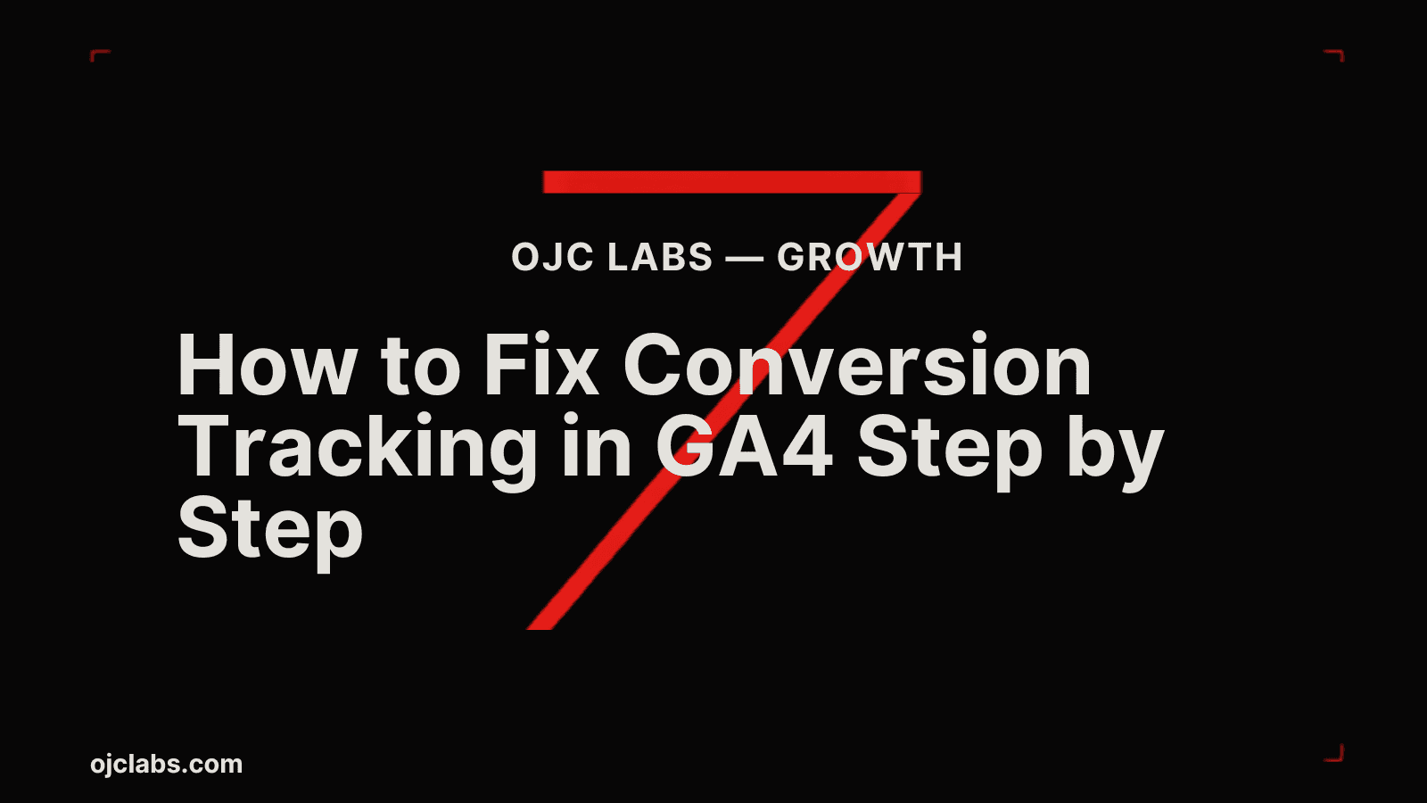 Bold black editorial blog header with white headline "How to Fix Conversion Tracking in GA4 Step by Step", red diagonal graphic element, and OJC Labs Growth pillar label