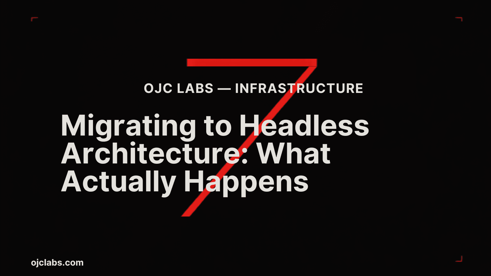 Bold black editorial blog header with white headline "Migrating to Headless Architecture: What Actually Happens", red diagonal graphic element, and OJC Labs Infrastructure pillar label