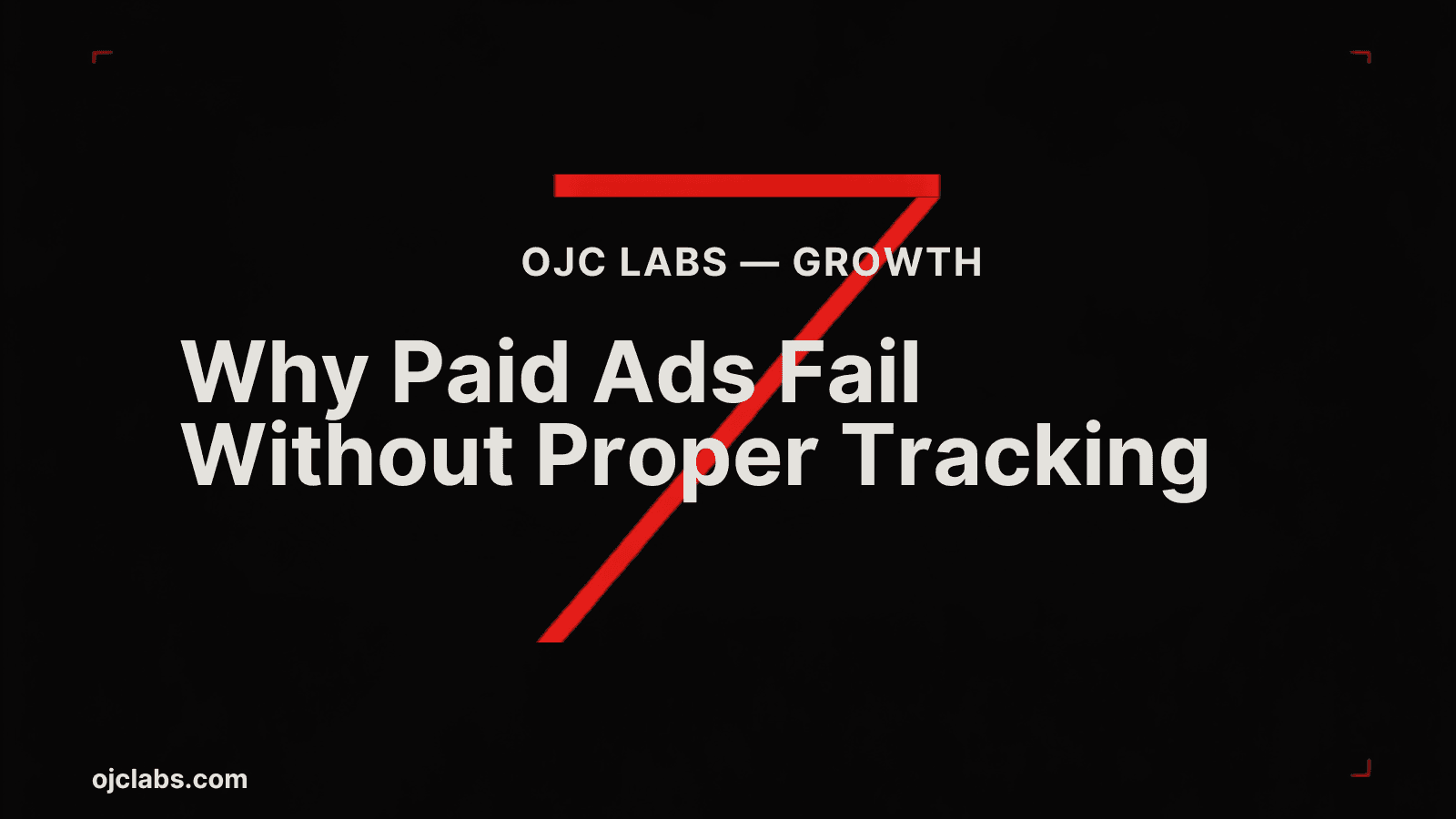 Bold black editorial blog header with white headline "Why Paid Ads Fail Without Proper Tracking", red diagonal graphic element, and OJC Labs Growth pillar label